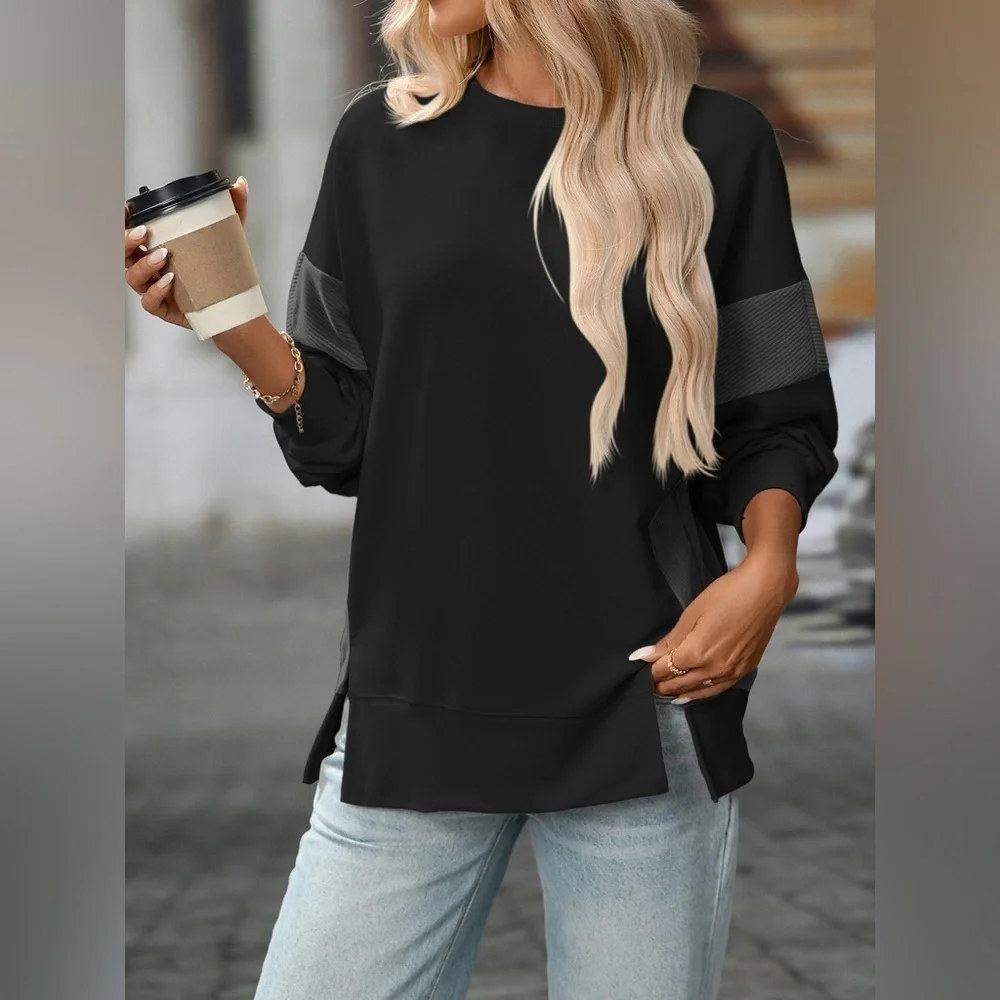 Slit Round Neck Long Sleeve Sweatshirt